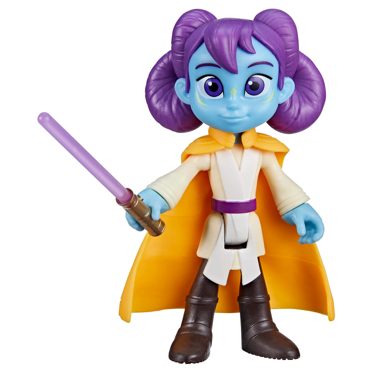 4 inch blue-skinned Jedi figure with purple hair buns, yellow cape and purple lightsaber