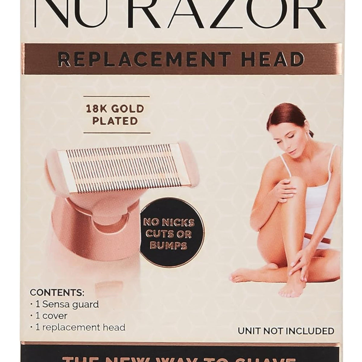 Close-up of the 18K gold plated rose gold razor head and package contents
