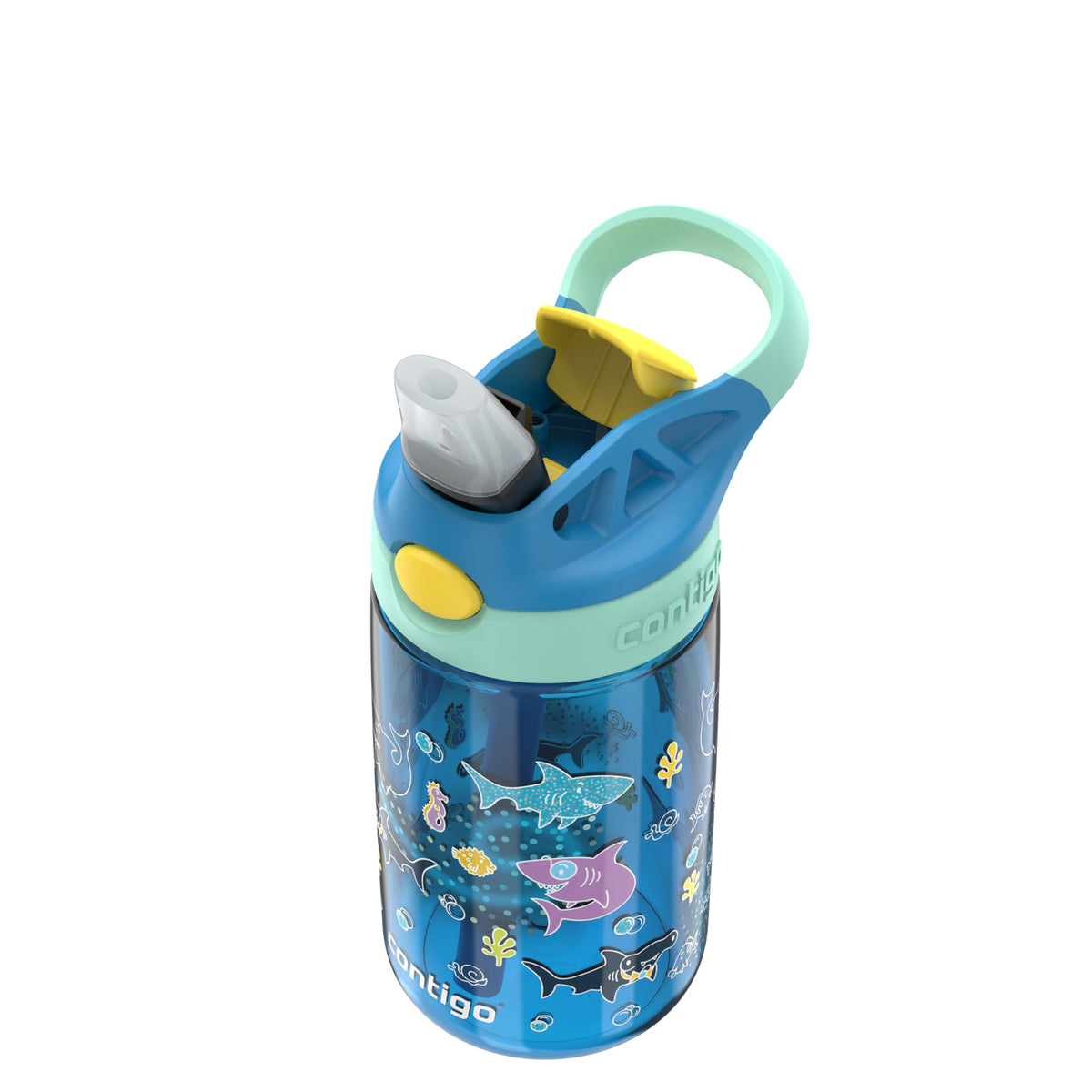 Kids shark-print water bottle from above with the spout popped open