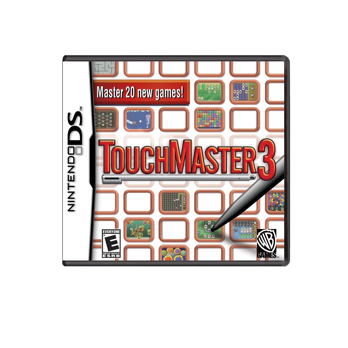 TouchMaster 3 DS case with a grid of mini game tiles and a stylus