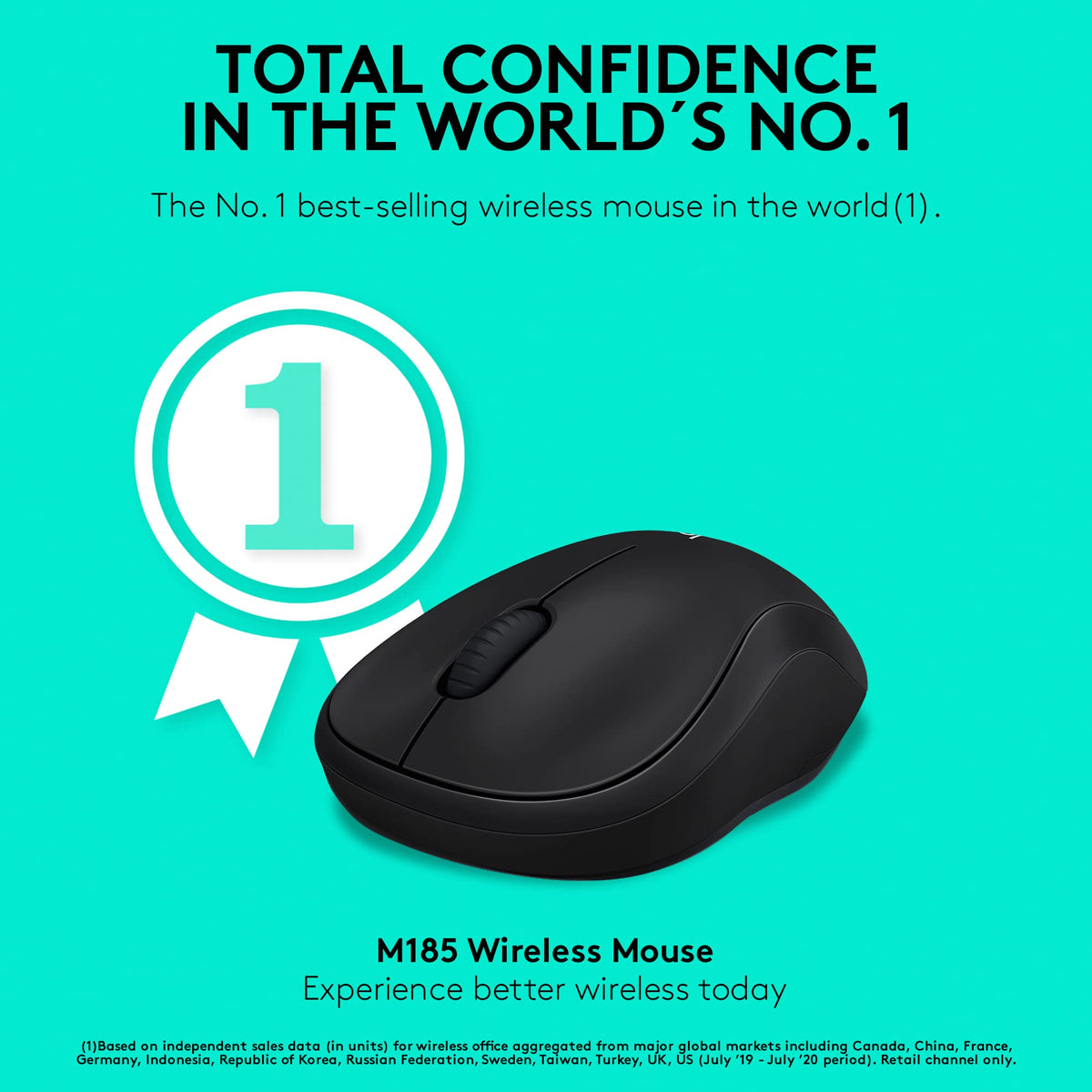 Black wireless mouse beside a number one ribbon on a teal background