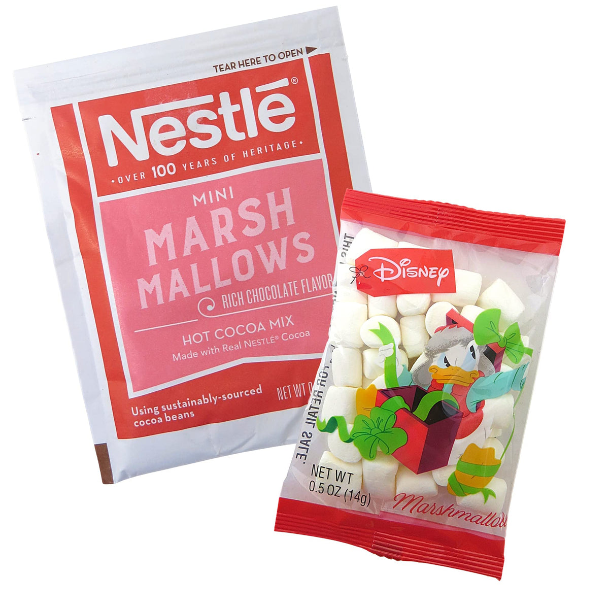 Nestle hot cocoa mix packet and Disney mini marshmallow bag with Donald Duck
