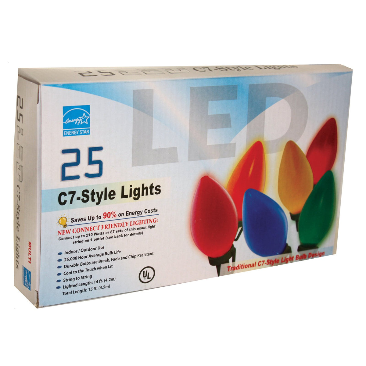 Box of 25 multicolor LED C7-style lights listing indoor and outdoor use and 14 ft length