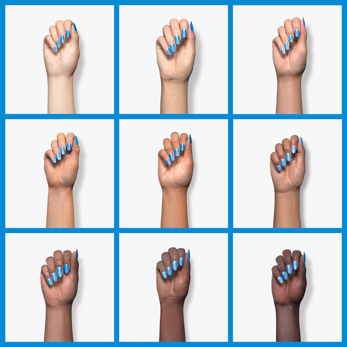 Grid of nine hands in different skin tones wearing shimmery sky blue polish