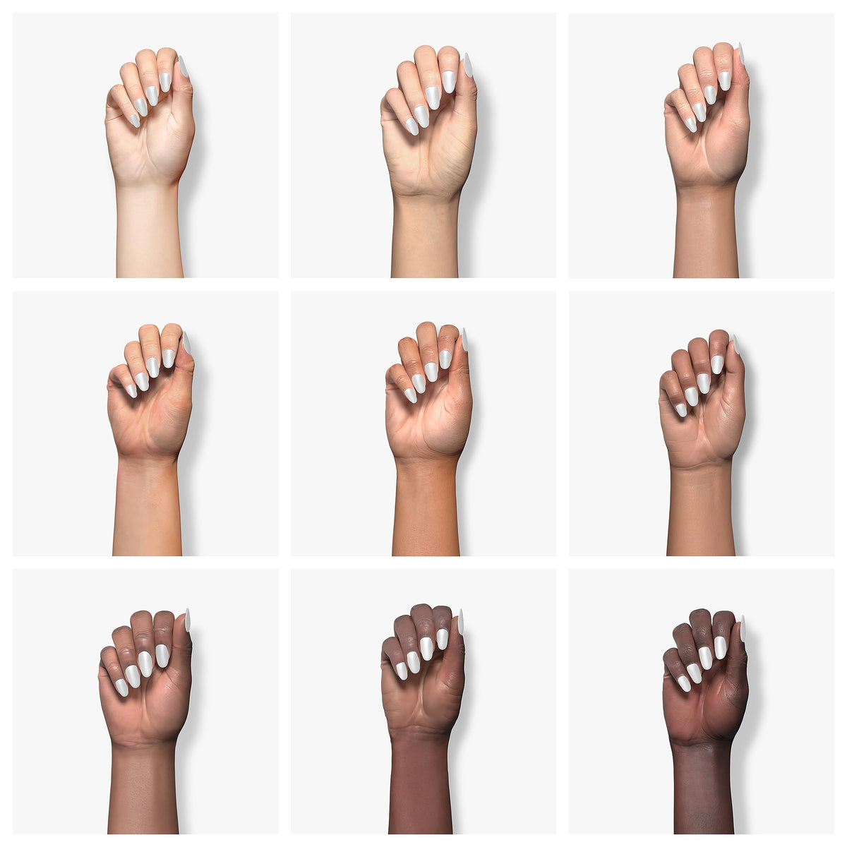 Nine hands in different skin tones with pale glossy almond nails