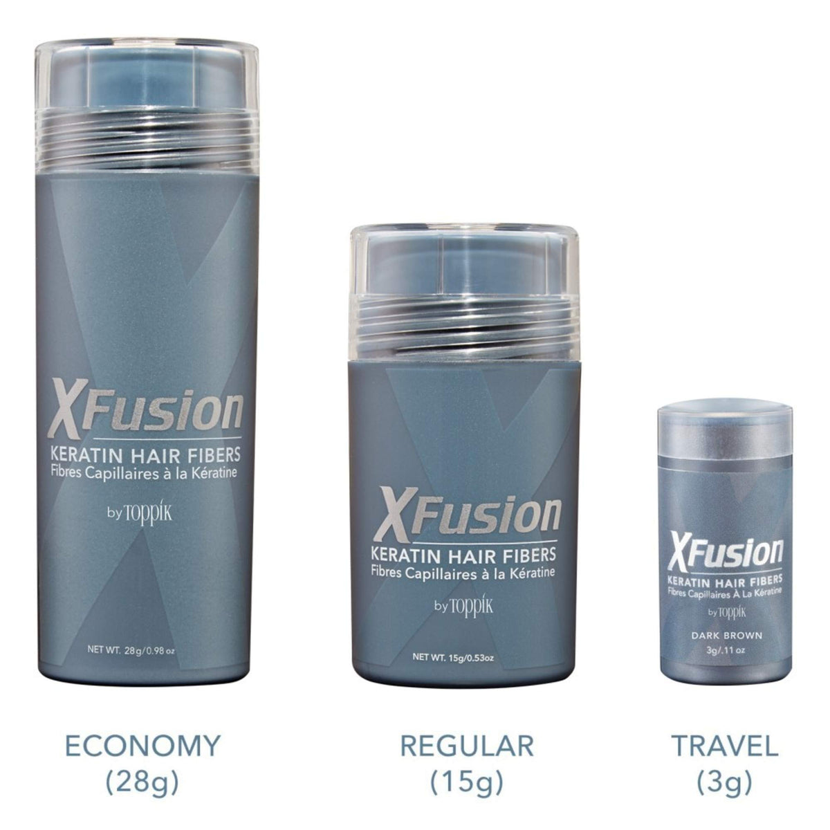 Hair fiber bottles in 28 g, 15 g and 3 g travel sizes side by side