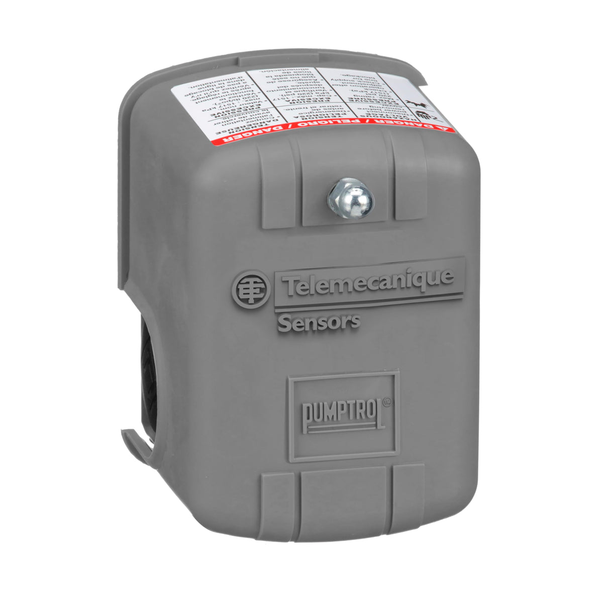 Grey well pump pressure switch cover with a cap nut and danger label