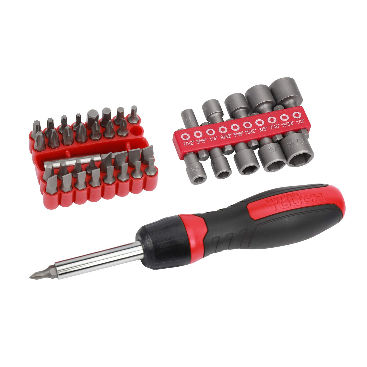 Hyper Tough red and black ratcheting screwdriver with bit set and ten nut driver sockets