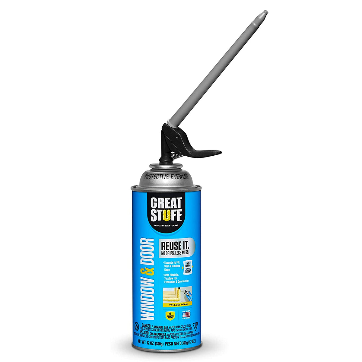 Blue 12 oz can of window and door foam sealant with a black trigger and long grey nozzle