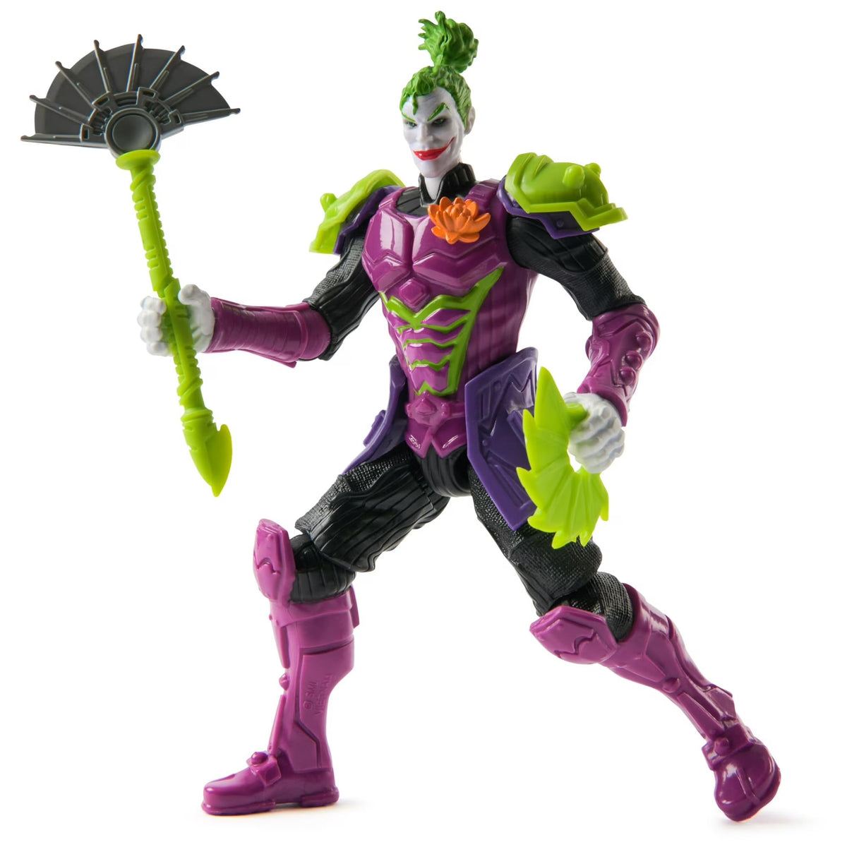 Clown villain figure with green hair in purple and lime ninja armor holding a fan staff