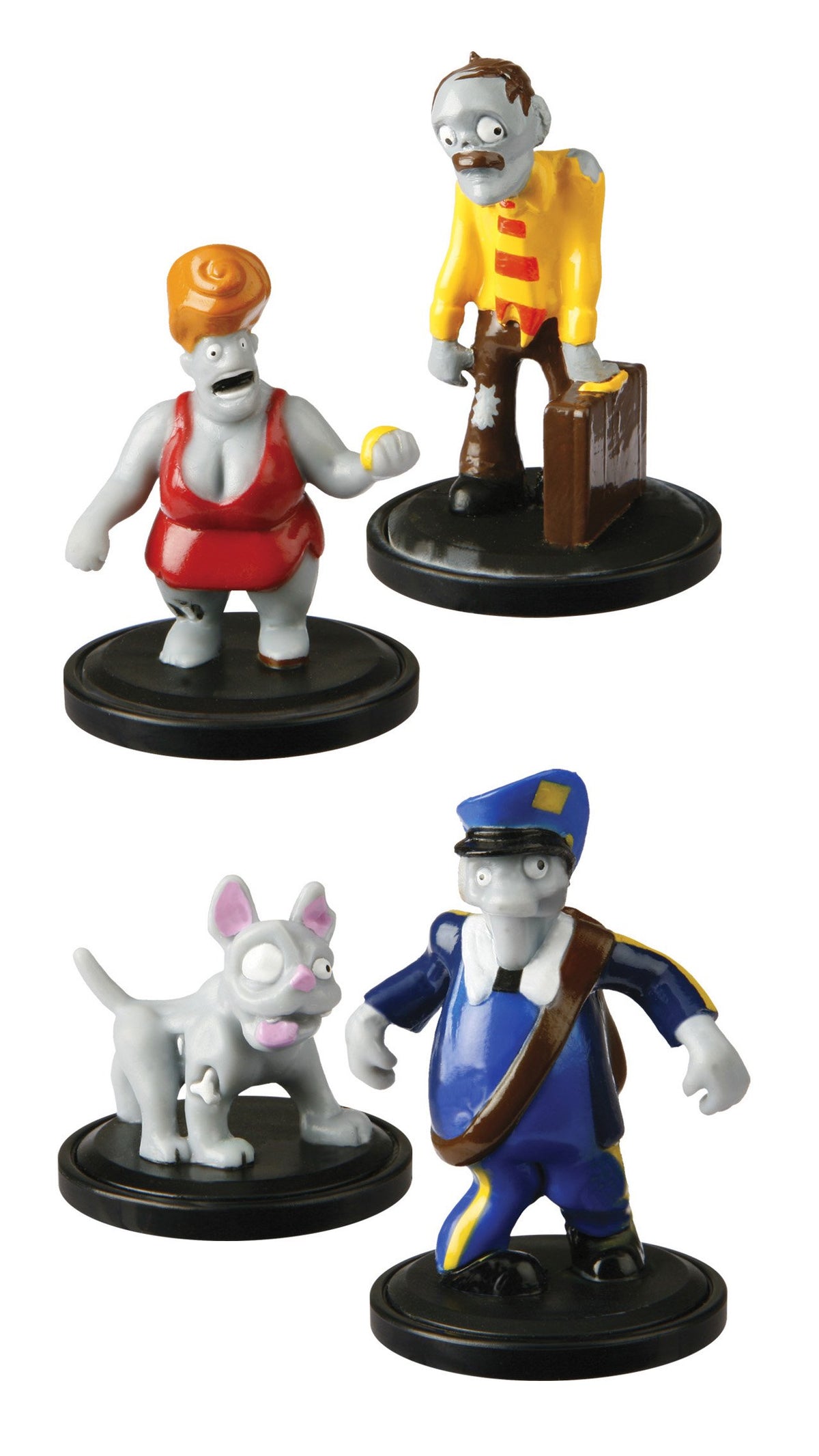 Four zombie figures on black bases: woman in red, man with briefcase, mail carrier and dog