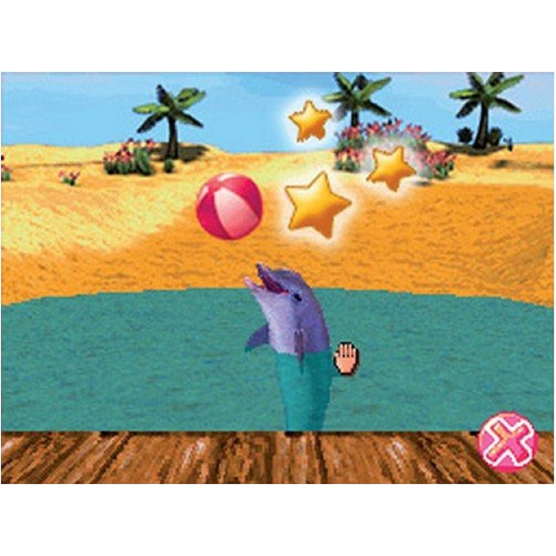 Game screen of a dolphin balancing a red beach ball in a lagoon with gold stars