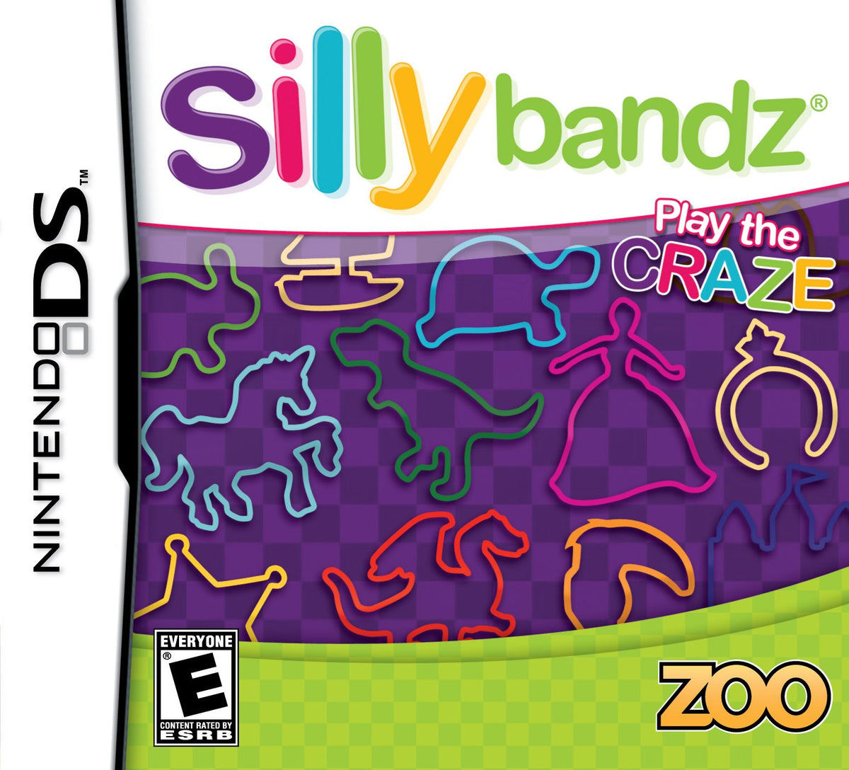 Silly Bandz DS case cover with animal and princess shaped bands on purple checks