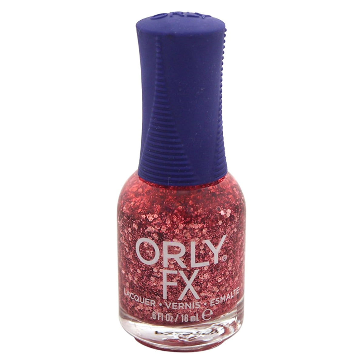 ORLY FX Embrace bottle of pink and red hex glitter in clear polish, purple ribbed cap