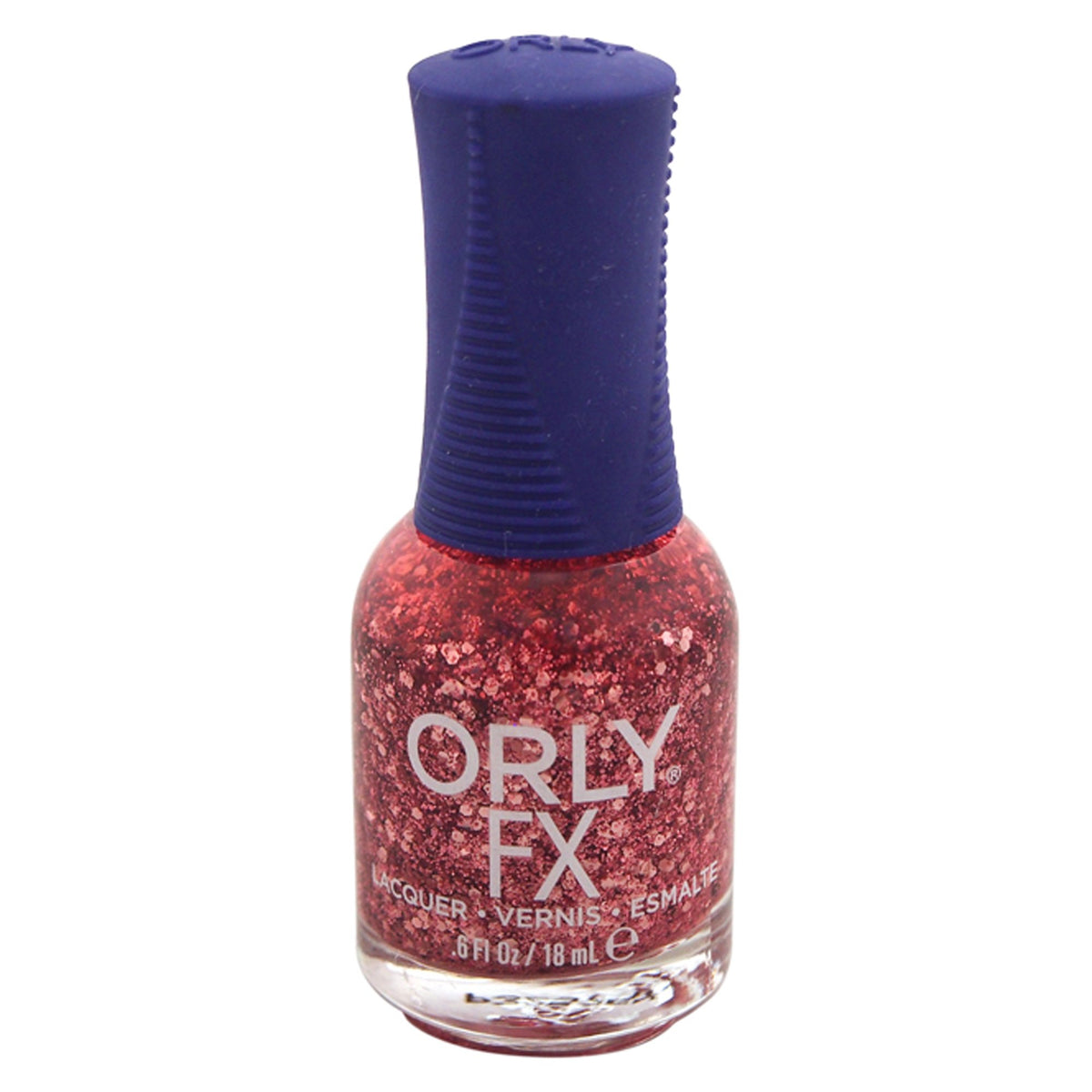 Orly FX Embrace polish with rose-red glitter and hexagon flakes, purple cap