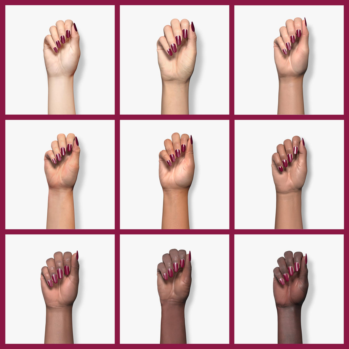 Nine hands in different skin tones with wine red painted nails