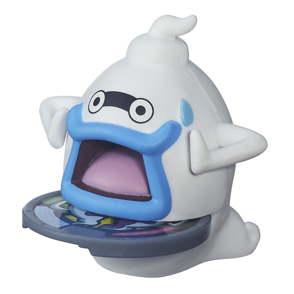 Yo-kai Watch Whisper white ghost figure with blue mouth standing on its medal