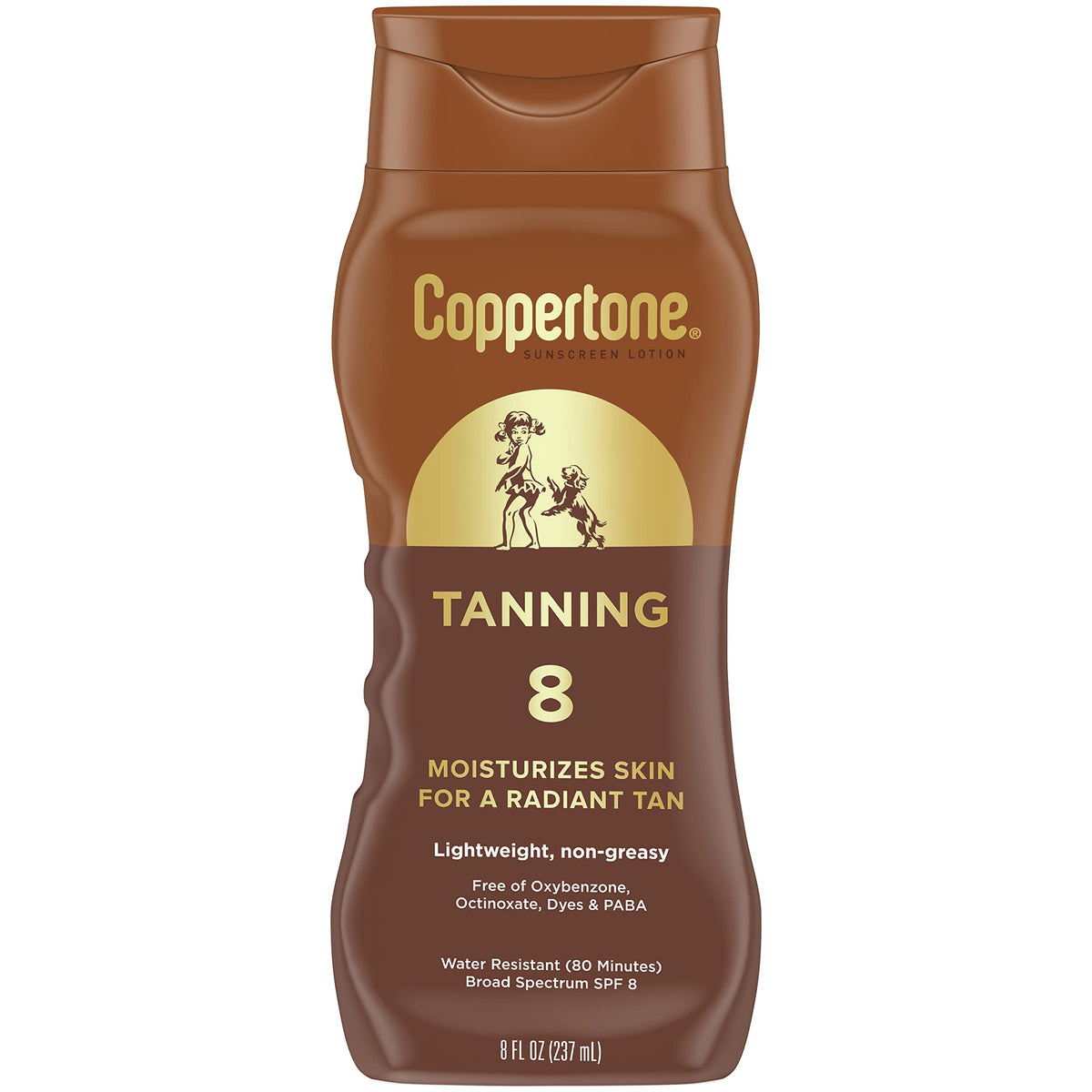 Brown 8 fl oz bottle of SPF 8 tanning sunscreen lotion with a girl and dog emblem