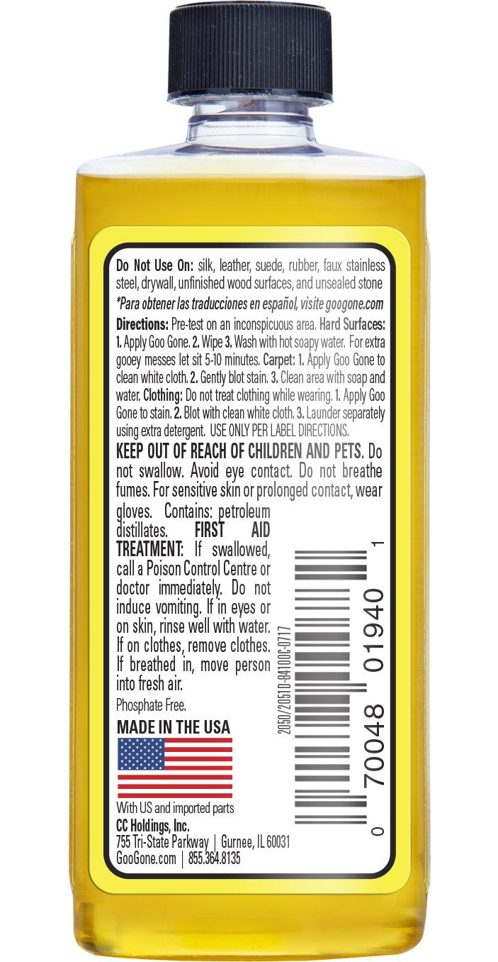 Back label of the yellow remover bottle with directions, cautions and barcode