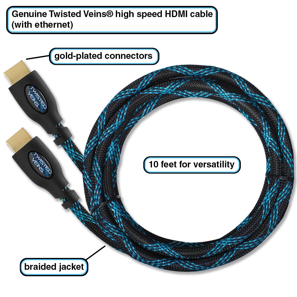 Coiled 10 ft blue and black braided HDMI cable with gold-plated connectors
