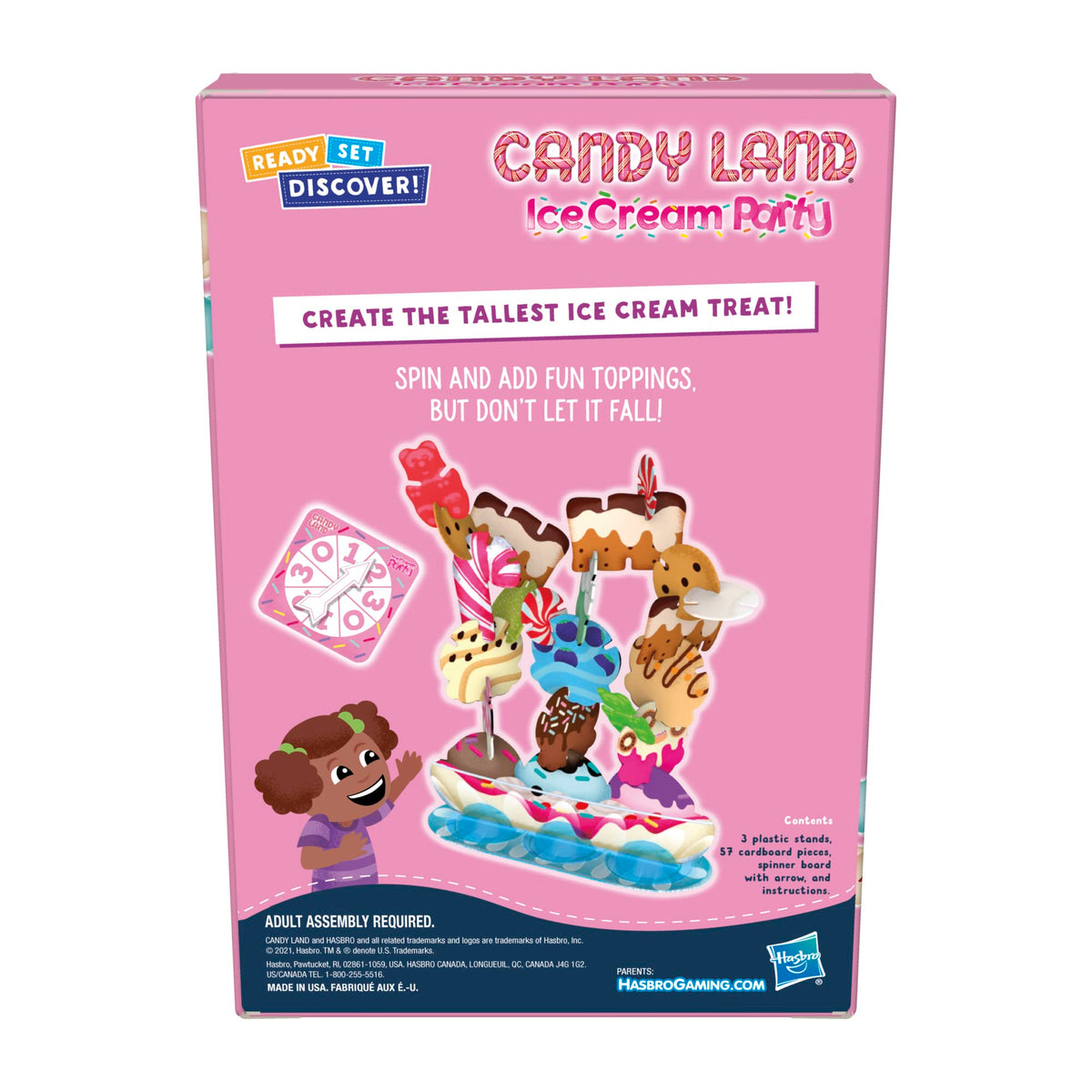 Back of the pink game box showing the stacked sundae and contents list