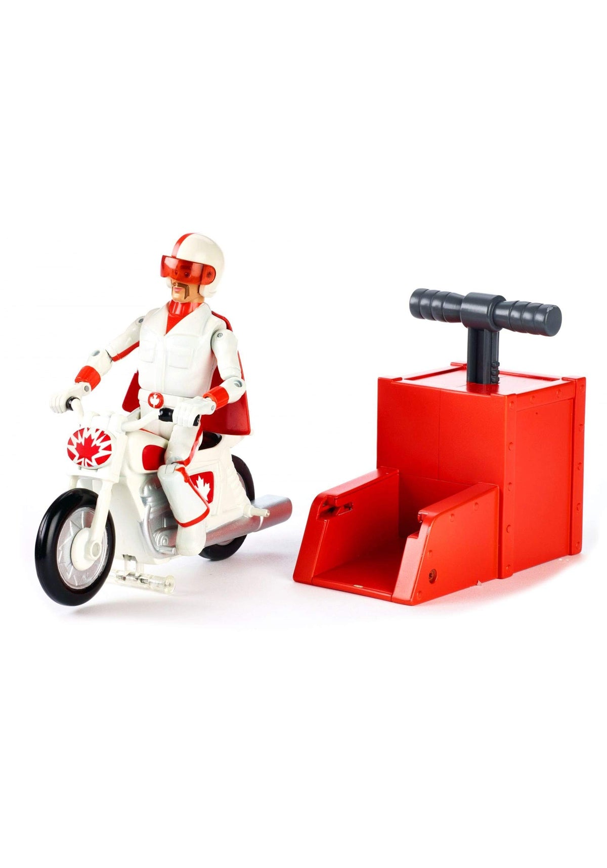 Stunt rider figure in a white and red jumpsuit and helmet on a maple leaf motorcycle beside a red plunger launcher