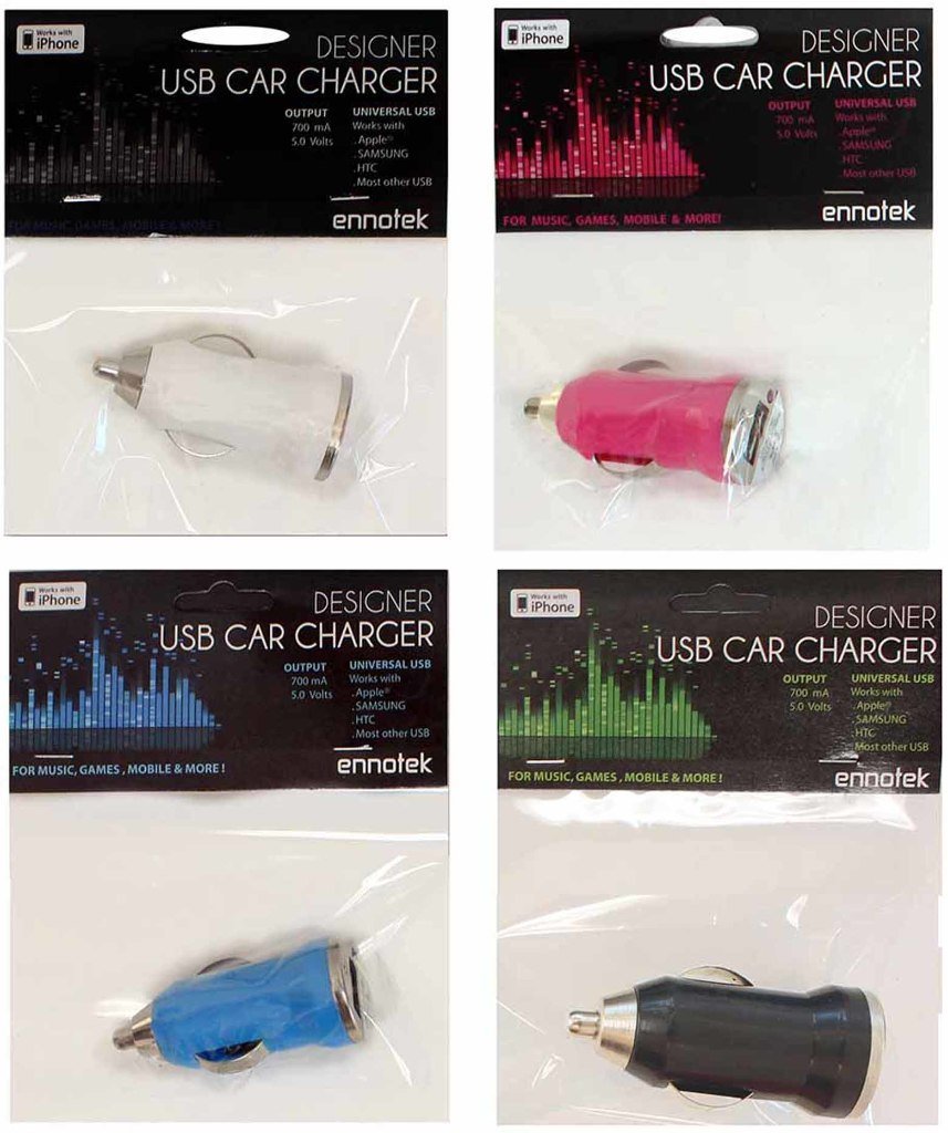 Four ennotek designer USB car chargers in white, pink, blue and black packaging