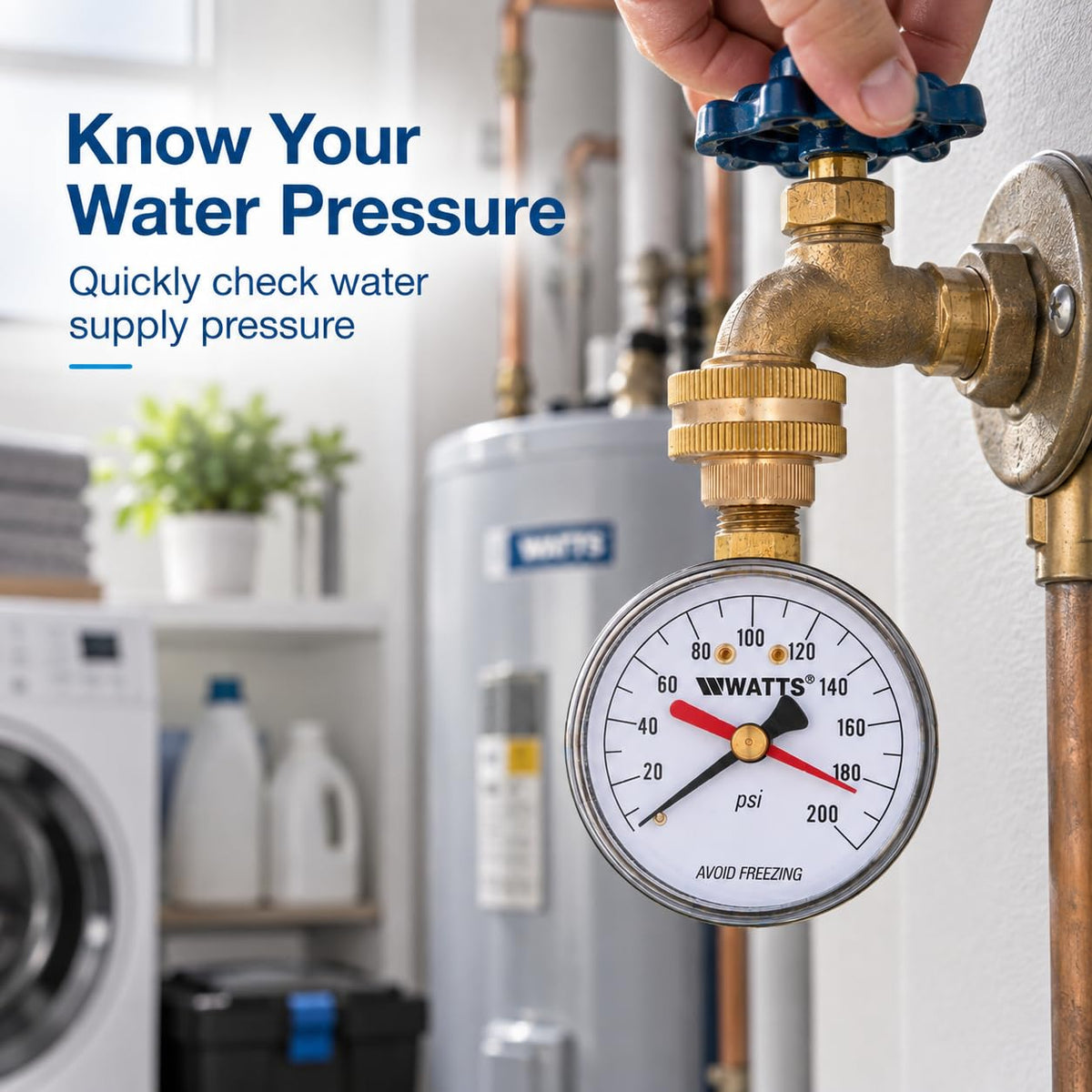 Watts pressure gauge on a laundry room tap in front of a water heater