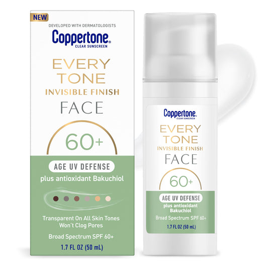 Coppertone Every Tone Invisible Finish Age UV Defense Face Sunscreen SPF 60+ with Bakuchiol, Lightweight, Blends in Clear Sunscreen for All Skin Tones, 1.7 Fl Oz Pump Bottle
