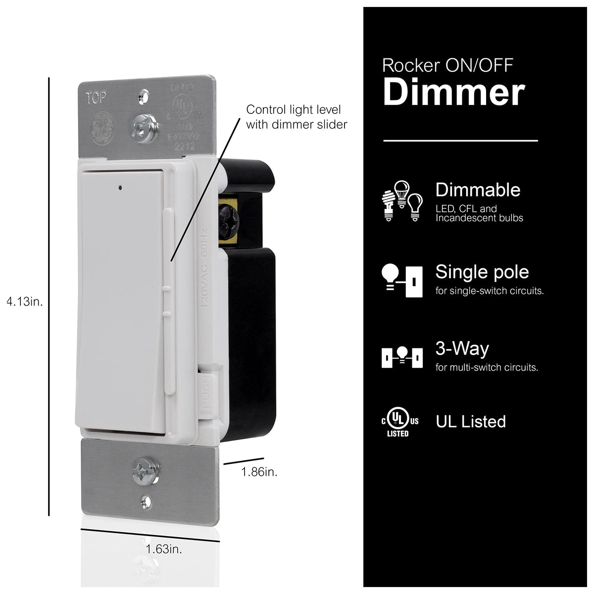 Dimmer dimensions 4.13 by 1.63 by 1.86 inches, with single pole and 3-way icons