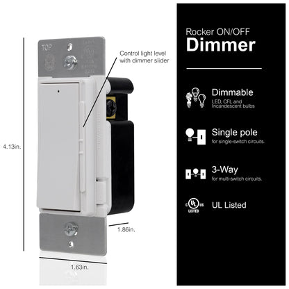 GE Rocker Dimmer Switch, Rocker On/Off Light Switch DImmer, Dimmer Switchs for LED Lights, Single Pole or 3 Way Dimmer Switch, Dimmable Light Switch for Incandescent Light Bulbs, White, 10464