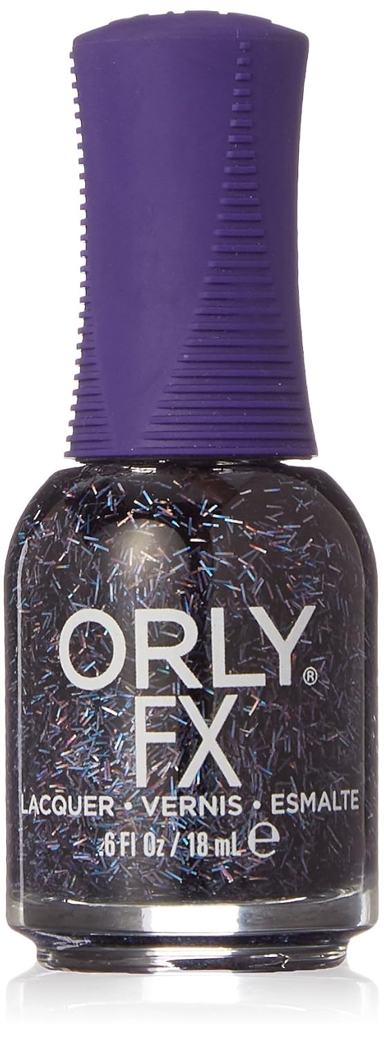 ORLY FX Sunglasses at Night bottle, navy-black polish with holographic bar glitter, purple cap