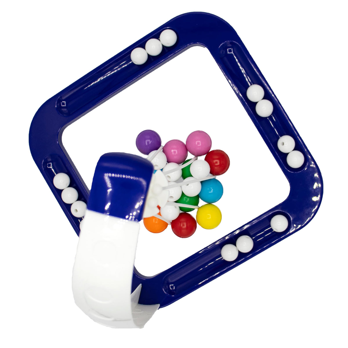 Top view of the navy square base holding white beads with the colored ball cluster in the middle