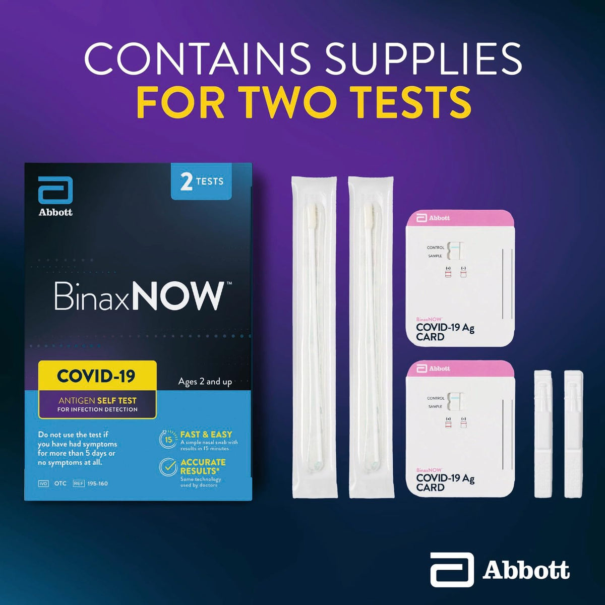Kit contents: BinaxNOW box, two wrapped nasal swabs, two test cards and two droppers