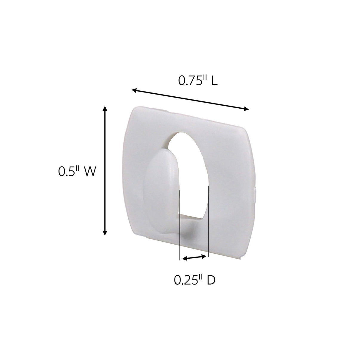 Single white clip with dimensions 0.75 inch long, 0.5 inch wide, 0.25 inch deep