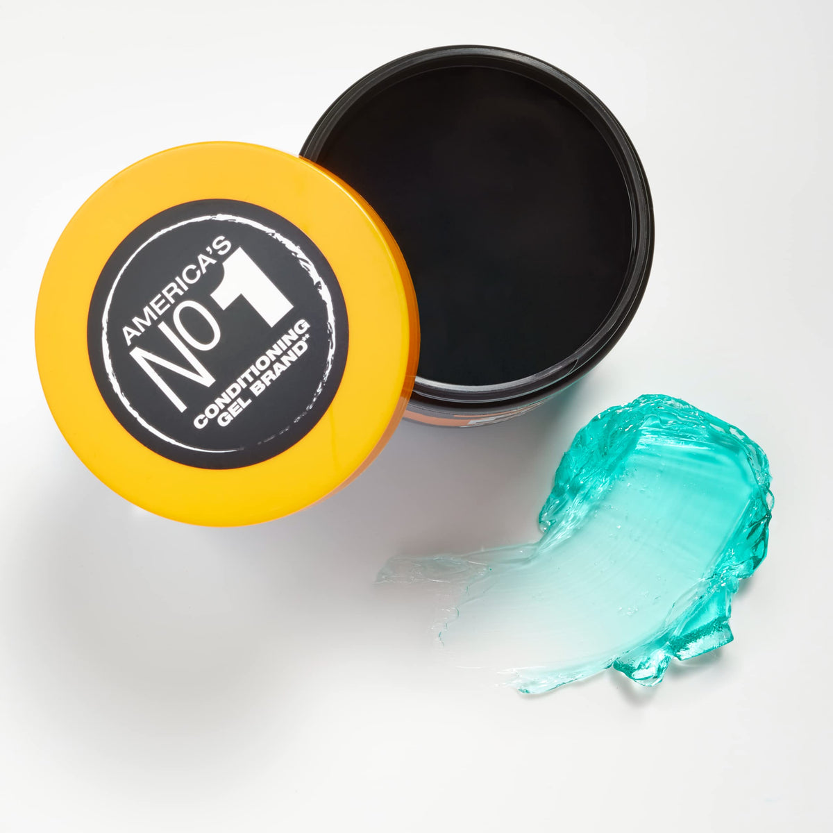 Open gel jar with its yellow lid set aside and a swipe of teal gel
