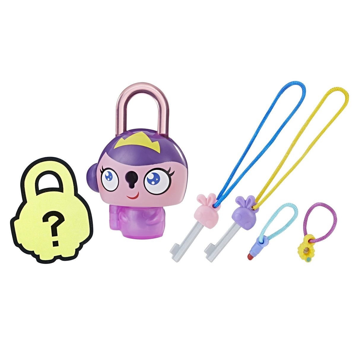Purple and pink princess padlock figure with two keys, charms on cords and a mystery lock card