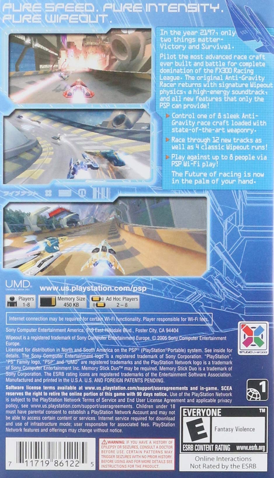 Back of the Wipeout Pure PSP case with race screenshots and an ESRB E rating
