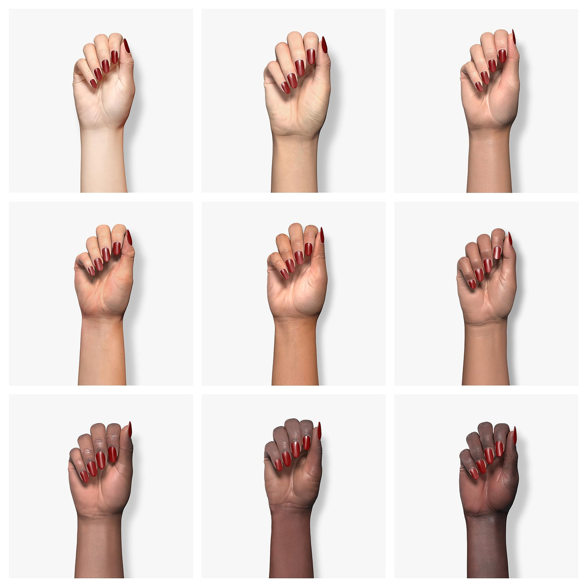 Nine hands in different skin tones with deep red painted nails