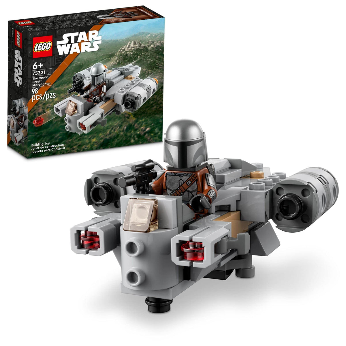 LEGO Star Wars 75321 Razor Crest microfighter box beside the grey ship with Mandalorian minifigure