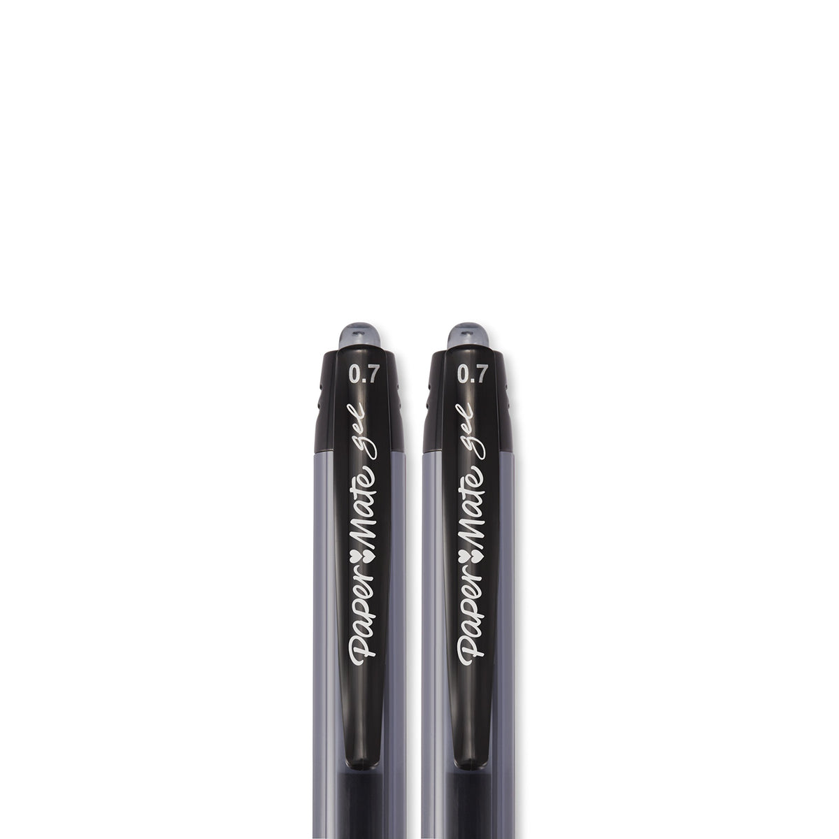 Close-up of two black pen clips printed with the brand name and 0.7
