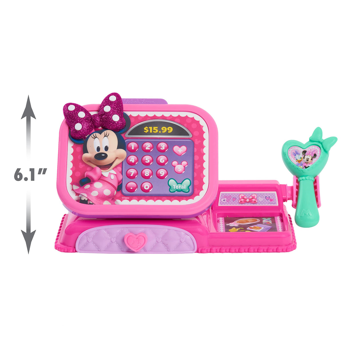 Minnie Mouse toy cash register shown with a 6.1 inch height measurement