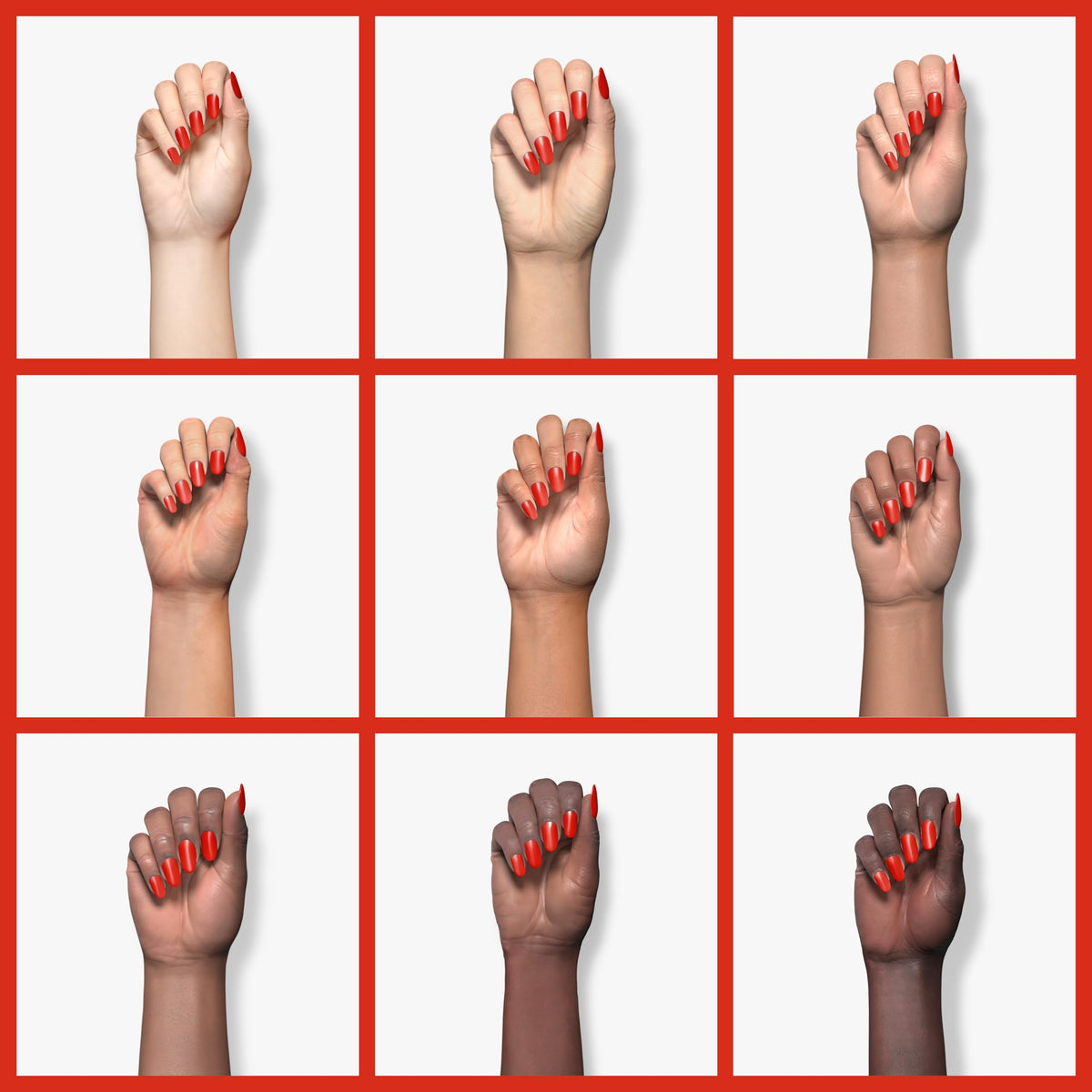 Grid of nine hands in different skin tones wearing bright red polish