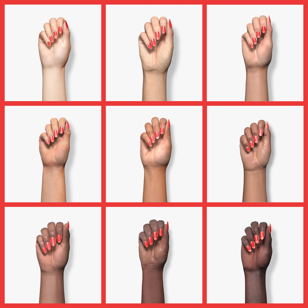 Grid of nine hands in different skin tones wearing coral red polish