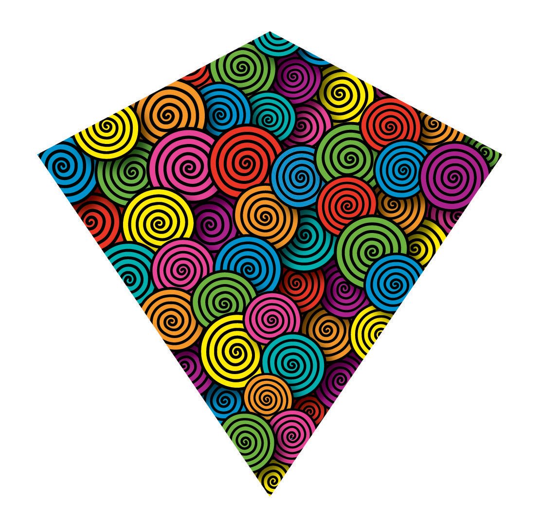 Diamond kite covered in overlapping rainbow-colored spiral swirls on black