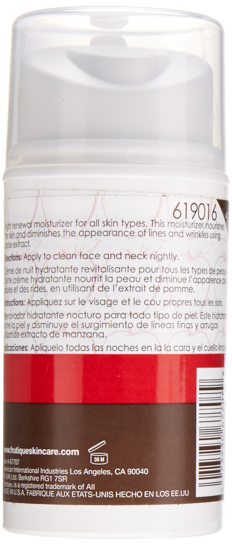 Back of the night creme bottle with description and directions in three languages