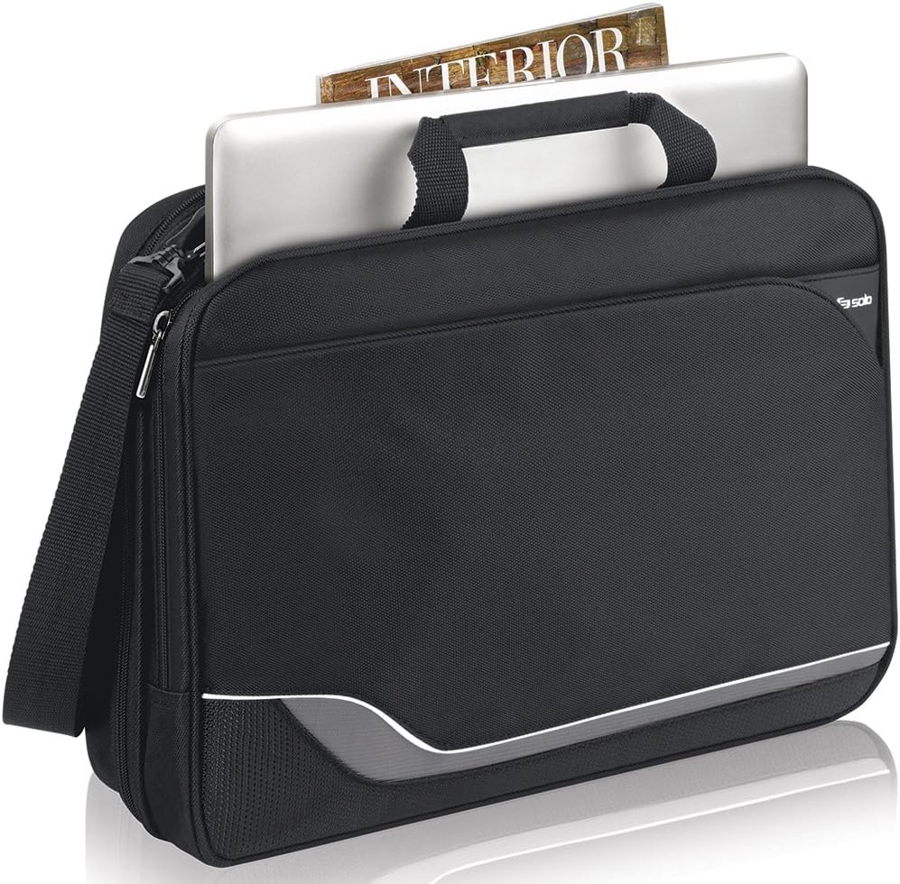 Black laptop case with a silver laptop and magazine sticking out of the top