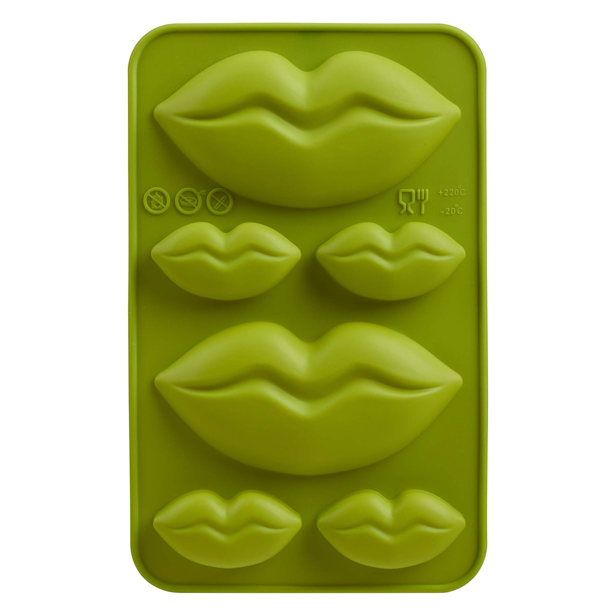Underside of the green silicone mold with two large and four small lip shapes