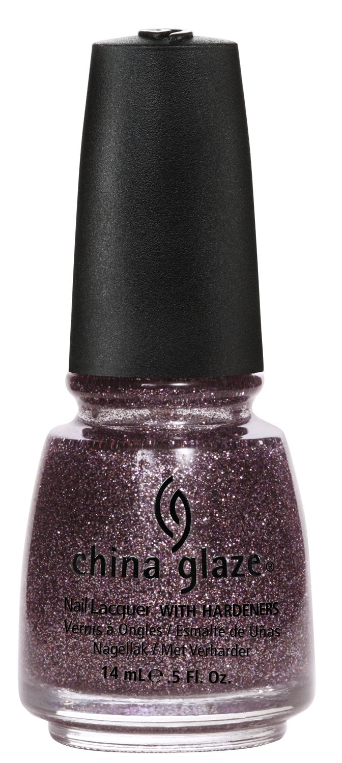 Bottle of plum purple glitter nail lacquer with a black cap