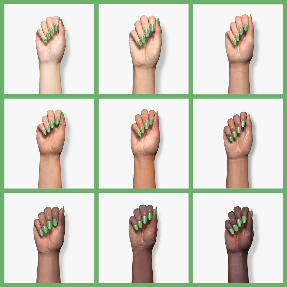 Nine hands in different skin tones with green painted nails